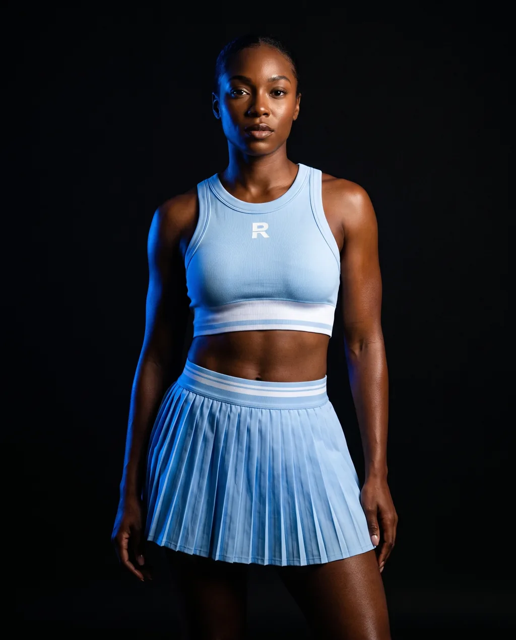 RRATED racer crop and pleated skirt, sky